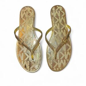 Michael Kors Womens Gold Flip Flops Size 10 MK Logo Thong Sandals Read